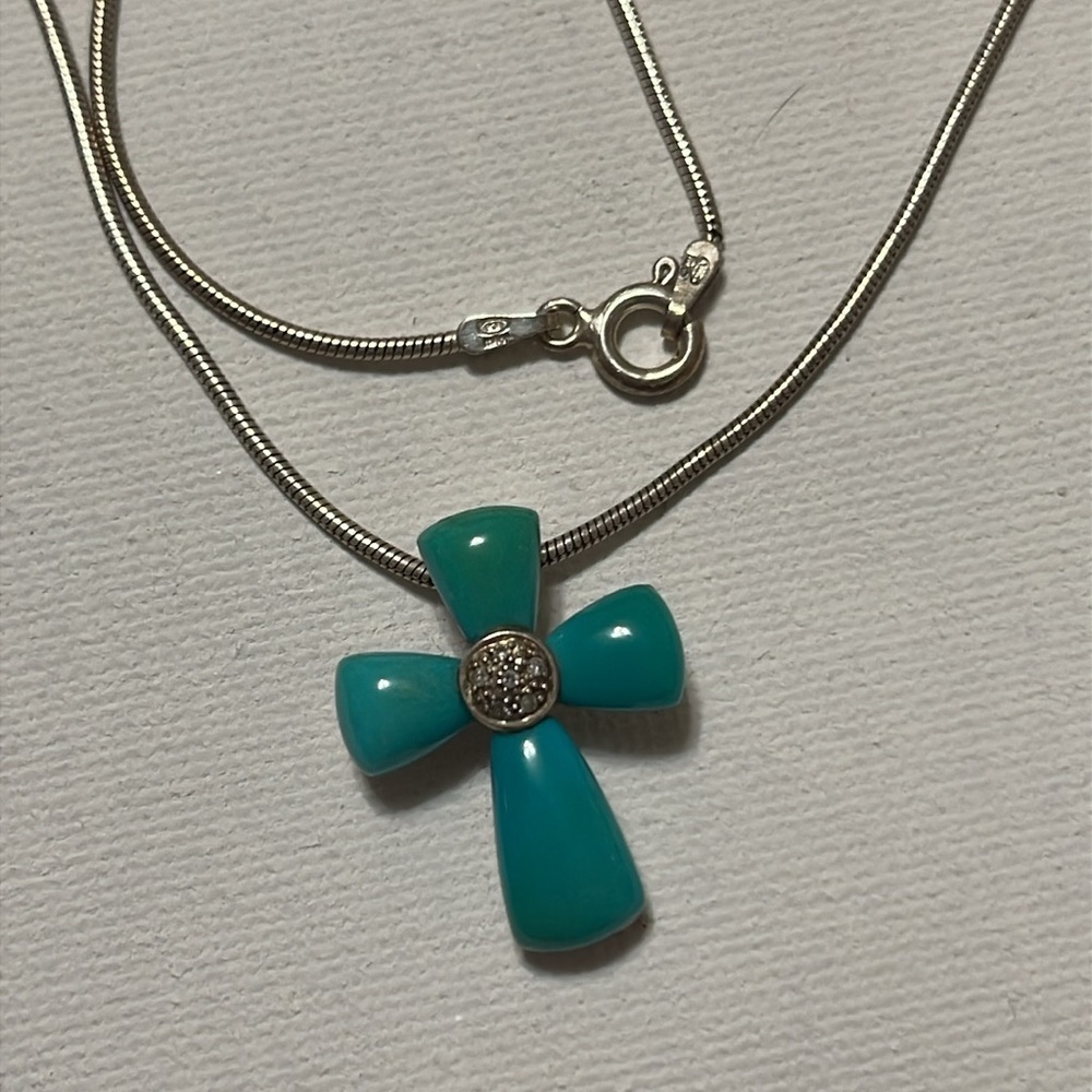 Sterling Silver 925 Turquoise Cross Necklace size 18’ chain - Picture 12 of 17